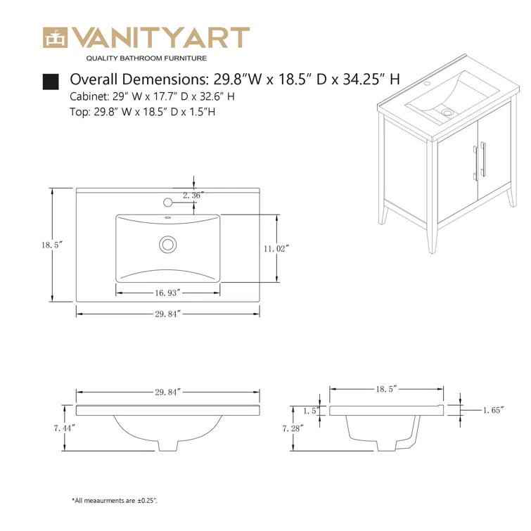Vanity Art 30 Inch Single Sink Bathroom Vanity With Ceramic Top - CVI30