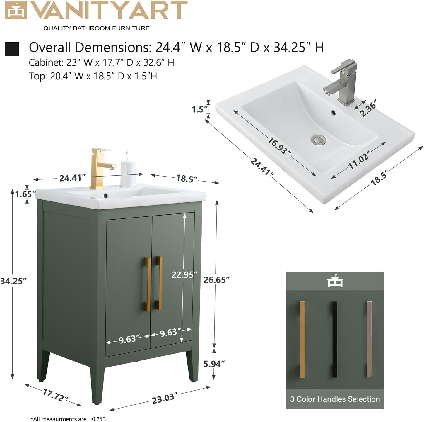Vanity Art 24-Inch Bathroom Vanity: Single Sink, Ceramic Top, Soft-Closing Doors, Solid Wood Frame - CVI24