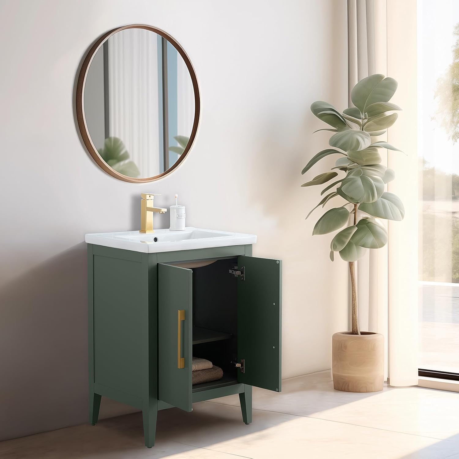 Vanity Art 24-Inch Bathroom Vanity: Single Sink, Ceramic Top, Soft-Closing Doors, Solid Wood Frame - CVI24