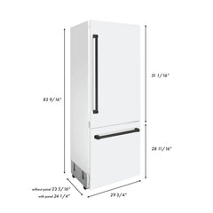 ZLINE 30-Inch Autograph Edition 16.1 cu. ft. Built-in 2-Door Bottom Freezer Refrigerator with Internal Water and Ice Dispenser in White Matte with Matte Black Accents (RBIVZ-WM-30-MB)