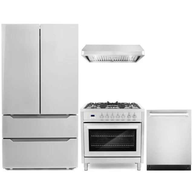 Cosmo 4-Piece, 36″ 240V Dual Fuel Range, 36″ Range Hood, Dishwasher and Refrigerator - COS-4PKG-077