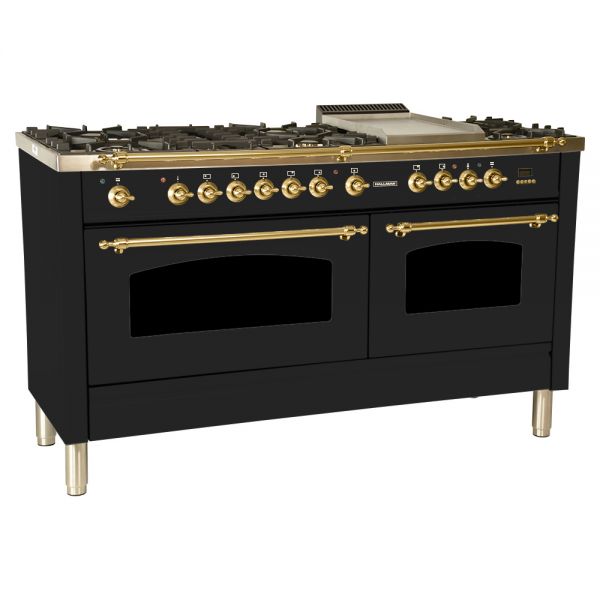 Hallman 60 in. Double Oven Duel Fuel Italian Range, LP Gas, Brass Trim - HDFR60BSLP