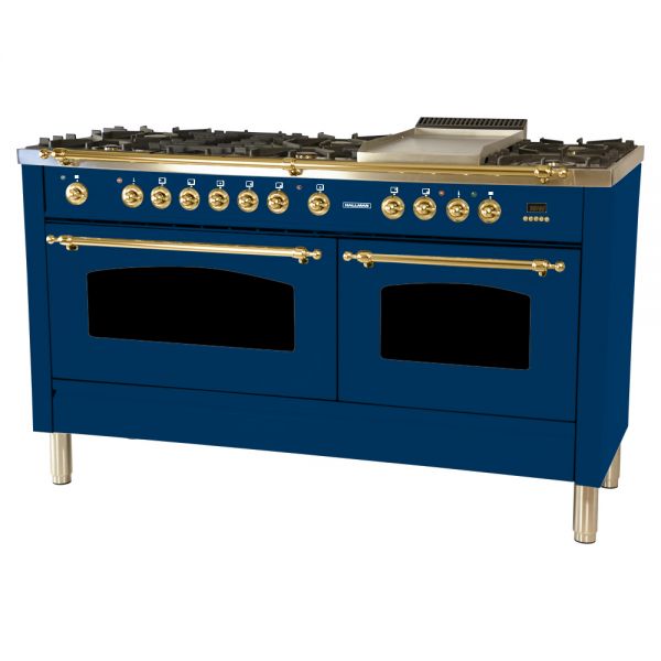 Hallman 60 in. Double Oven Duel Fuel Italian Range, LP Gas, Brass Trim - HDFR60BSLP