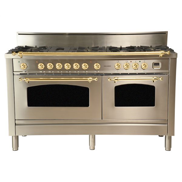 Hallman 60 in. Double Oven Duel Fuel Italian Range, LP Gas, Brass Trim - HDFR60BSLP