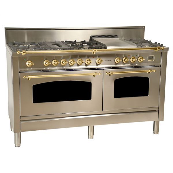 Hallman 60 in. Double Oven Duel Fuel Italian Range, LP Gas, Brass Trim - HDFR60BSLP