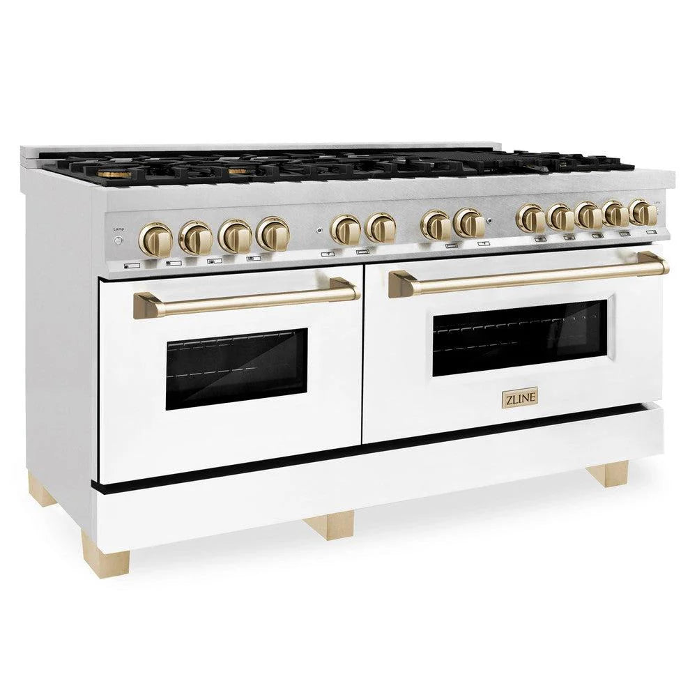ZLINE Autograph Edition 60 in. 7.4 cu. ft. Legacy Dual Fuel Range with 9 Burner Gas Cooktop and 2 Electric Convection Ovens in DuraSnow® Stainless Steel with White Matte Doors - RASZ-WM-60