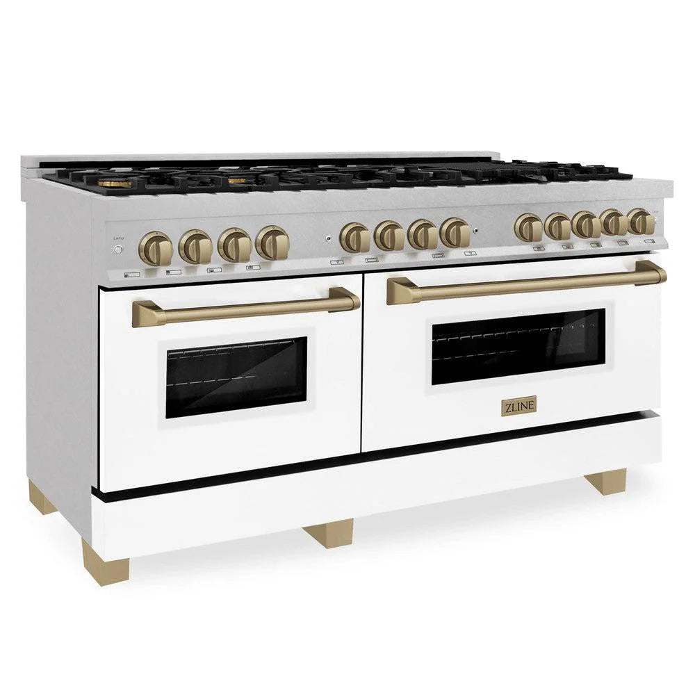 ZLINE Autograph Edition 60 in. 7.4 cu. ft. Legacy Dual Fuel Range with 9 Burner Gas Cooktop and 2 Electric Convection Ovens in DuraSnow® Stainless Steel with White Matte Doors - RASZ-WM-60