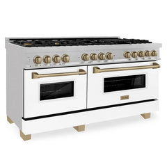 ZLINE Autograph Edition 60 in. 7.4 cu. ft. Legacy Dual Fuel Range with 9 Burner Gas Cooktop and 2 Electric Convection Ovens in DuraSnow® Stainless Steel with White Matte Doors - RASZ-WM-60