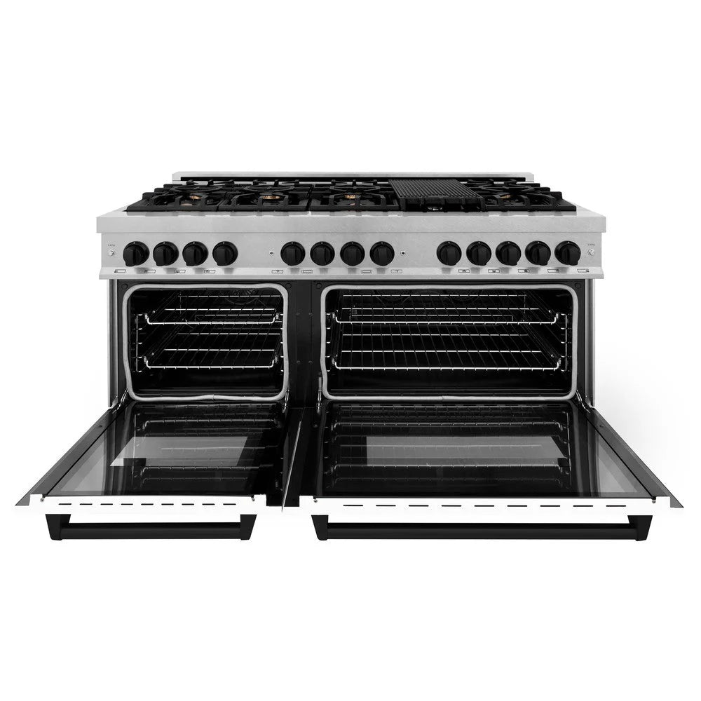 ZLINE Autograph Edition 60 in. 7.4 cu. ft. Legacy Dual Fuel Range with 9 Burner Gas Cooktop and 2 Electric Convection Ovens in DuraSnow® Stainless Steel with White Matte Doors - RASZ-WM-60