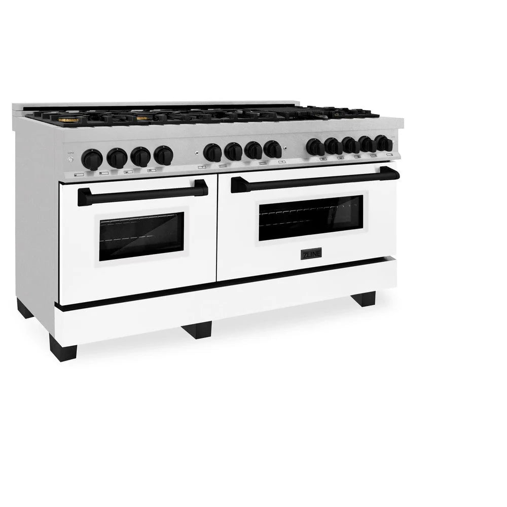 ZLINE Autograph Edition 60 in. 7.4 cu. ft. Legacy Dual Fuel Range with 9 Burner Gas Cooktop and 2 Electric Convection Ovens in DuraSnow® Stainless Steel with White Matte Doors - RASZ-WM-60