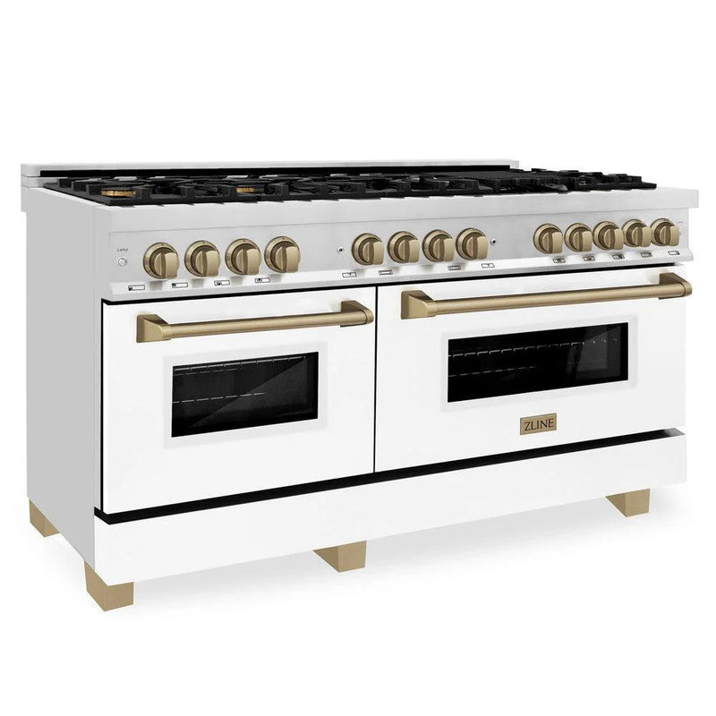 ZLINE Autograph Edition 60 in. 7.4 cu. ft. Legacy Dual Fuel Range with 9 Burner Gas Cooktop and 2 Electric Convection Ovens in Stainless Steel with White Matte Doors - RAZ-WM-60