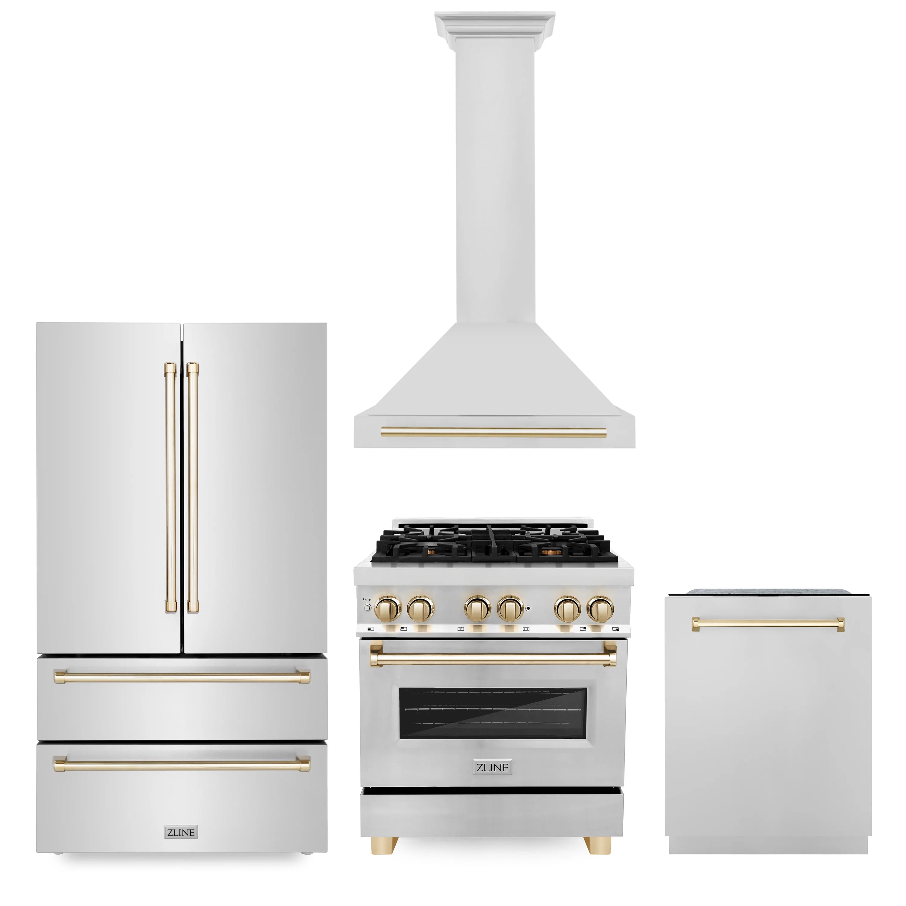 ZLINE 30" Autograph Edition Kitchen Package with Stainless Steel Dual Fuel Range, Range Hood, Dishwasher and Refrigeration with Gold Accents (4KAPR-RARHDWM30-G)