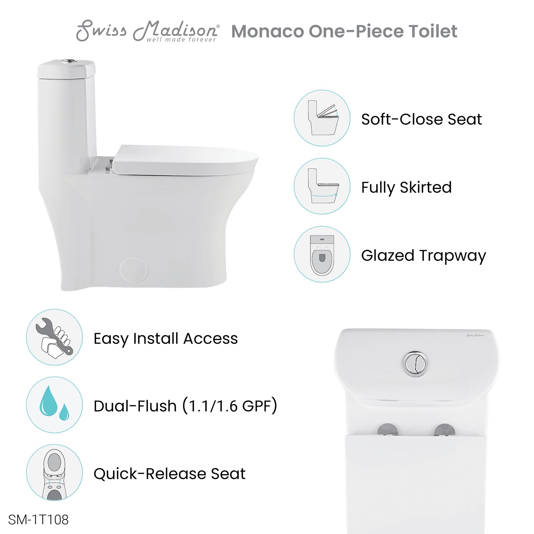 Swiss Madison  Monaco One-Piece Elongated Toilet Dual-Flush 1.1/1.6 gpf - SM-1T108