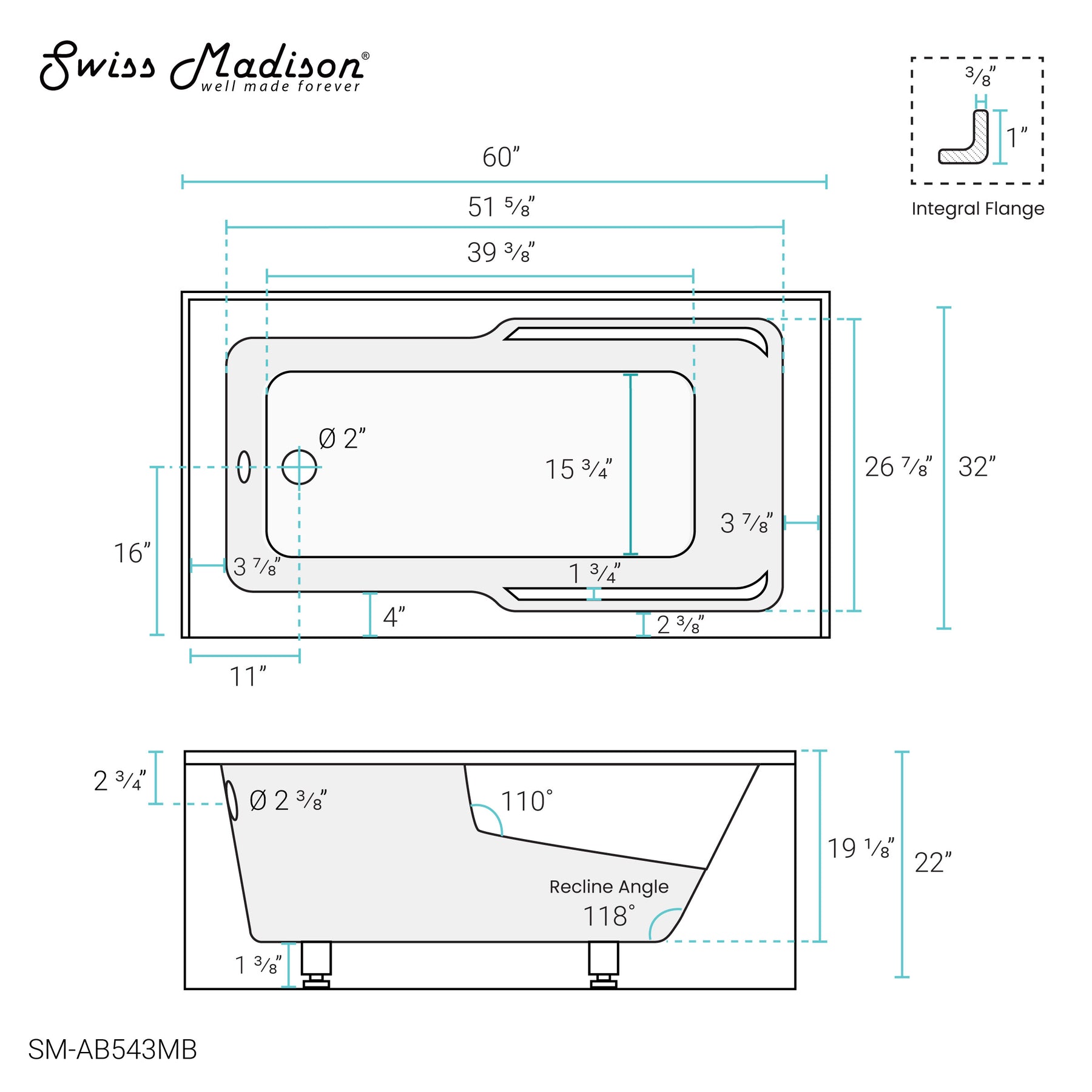 Swiss Madison Voltaire 60" X 32" Left-Hand Drain Alcove Bathtub with Apron - SM-AB543
