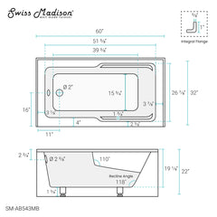 Swiss Madison Voltaire 60" X 32" Left-Hand Drain Alcove Bathtub with Apron - SM-AB543