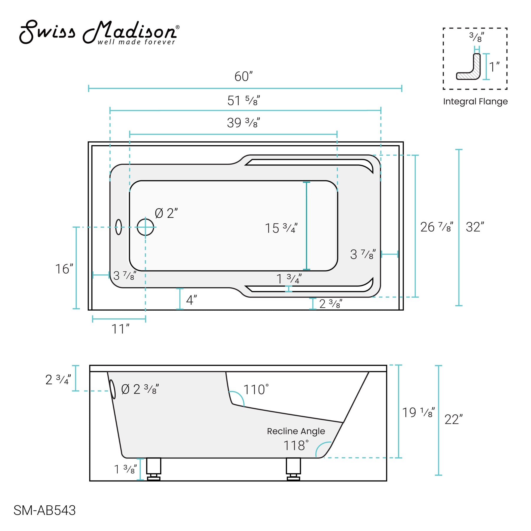 Swiss Madison Voltaire 60" X 32" Left-Hand Drain Alcove Bathtub with Apron - SM-AB543