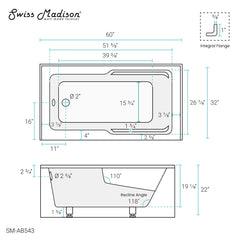 Swiss Madison Voltaire 60" X 32" Left-Hand Drain Alcove Bathtub with Apron - SM-AB543