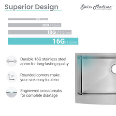 Swiss Madison Rivage 30" x 21" Stainless Steel, Single Basin, Farmhouse Kitchen Sink with Apron - SM-KS759