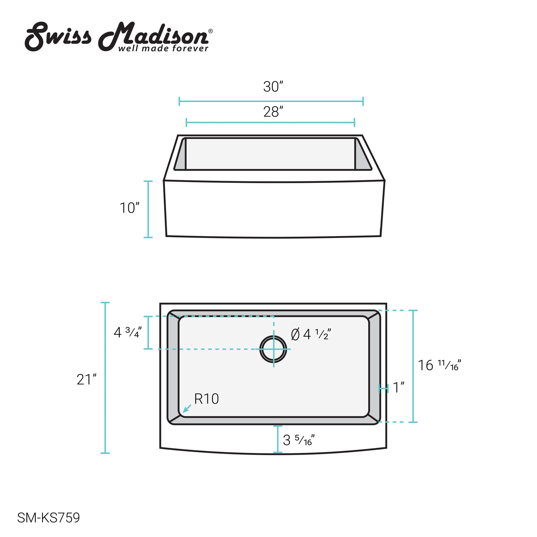 Swiss Madison Rivage 30" x 21" Stainless Steel, Single Basin, Farmhouse Kitchen Sink with Apron - SM-KS759