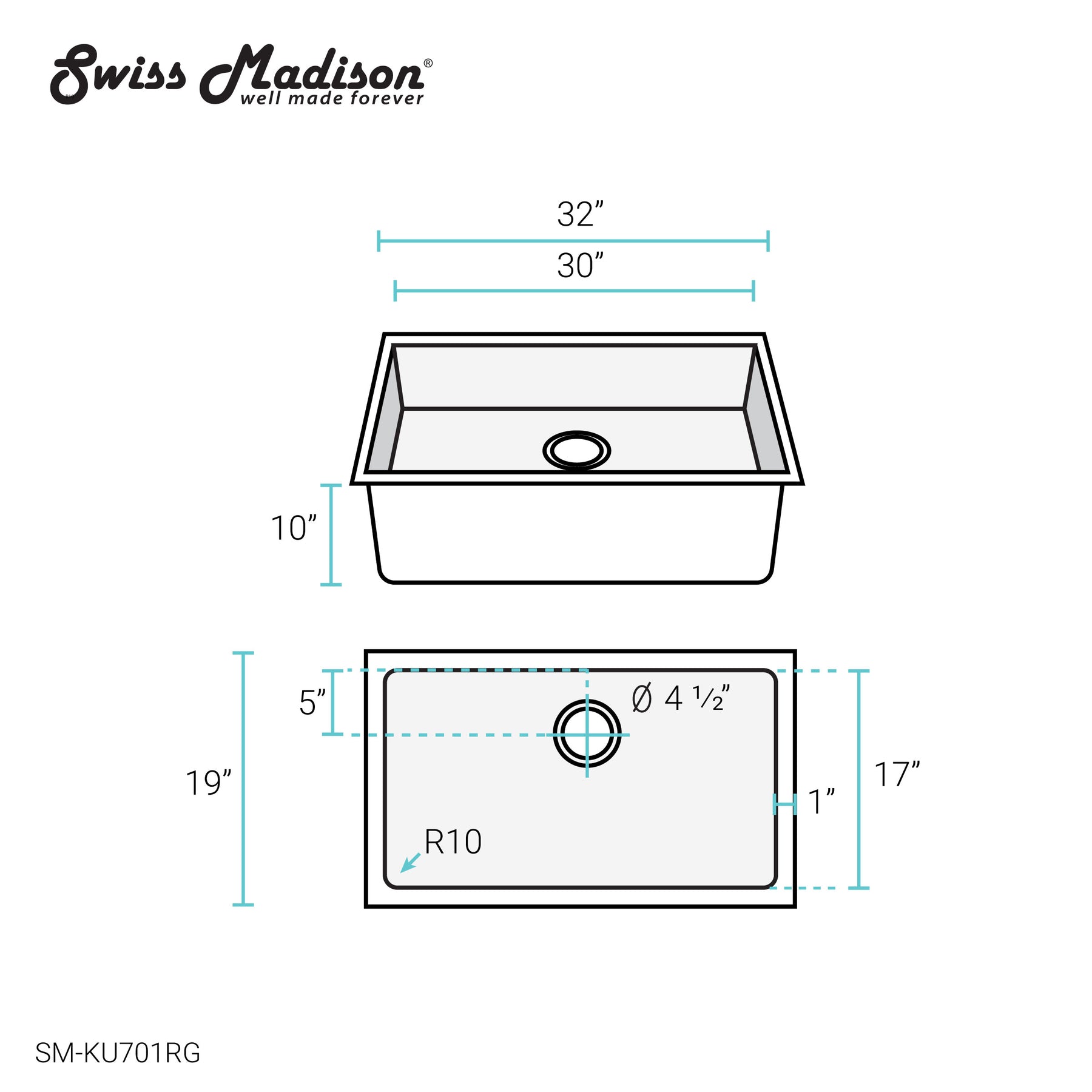 Swiss Madison Rivage 32" x 19" Single Basin, Undermount Kitchen Sink - SM-KU701
