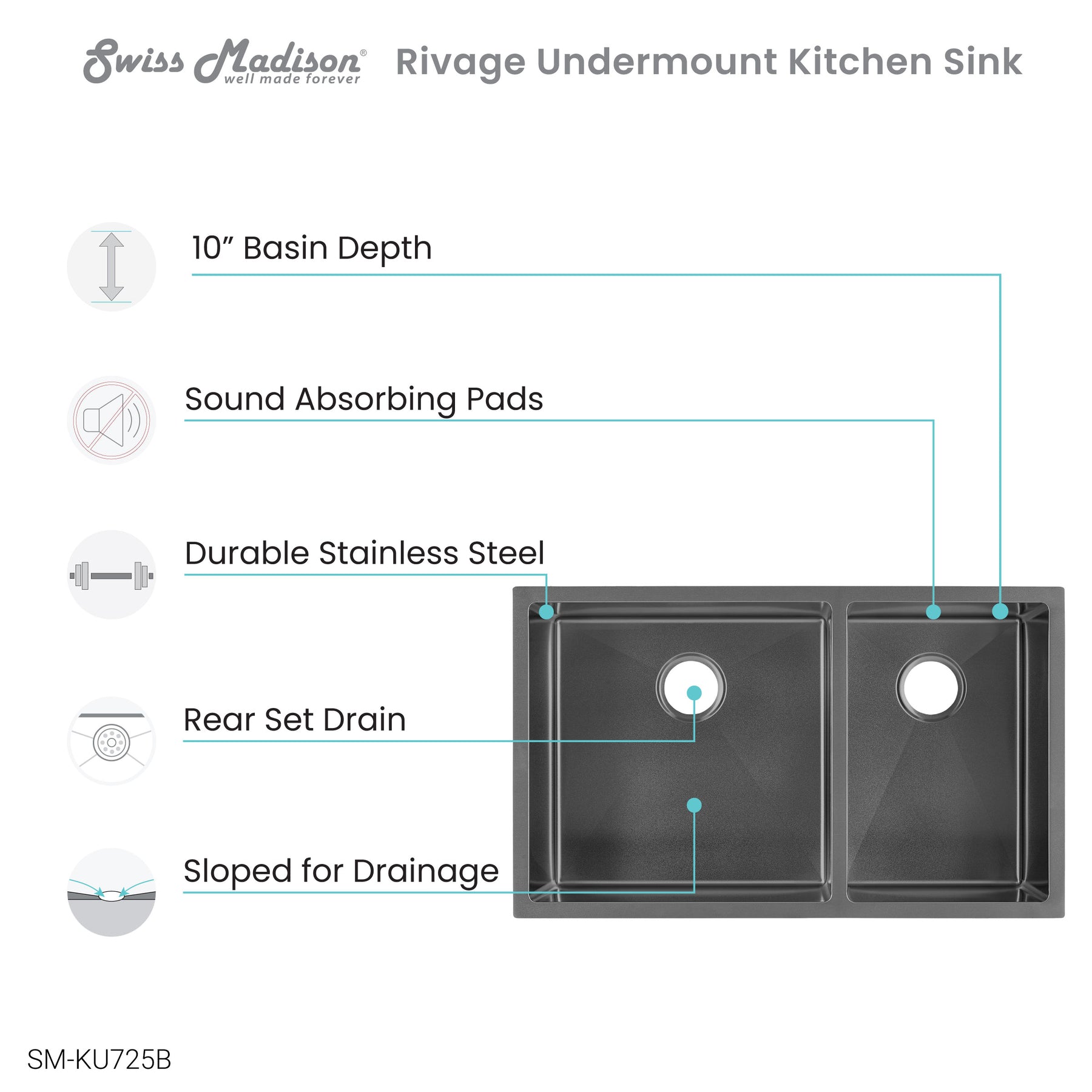 Swiss Madison Rivage 33" x 20" Dual Basin, Undermount Kitchen Sink - SM-KU725
