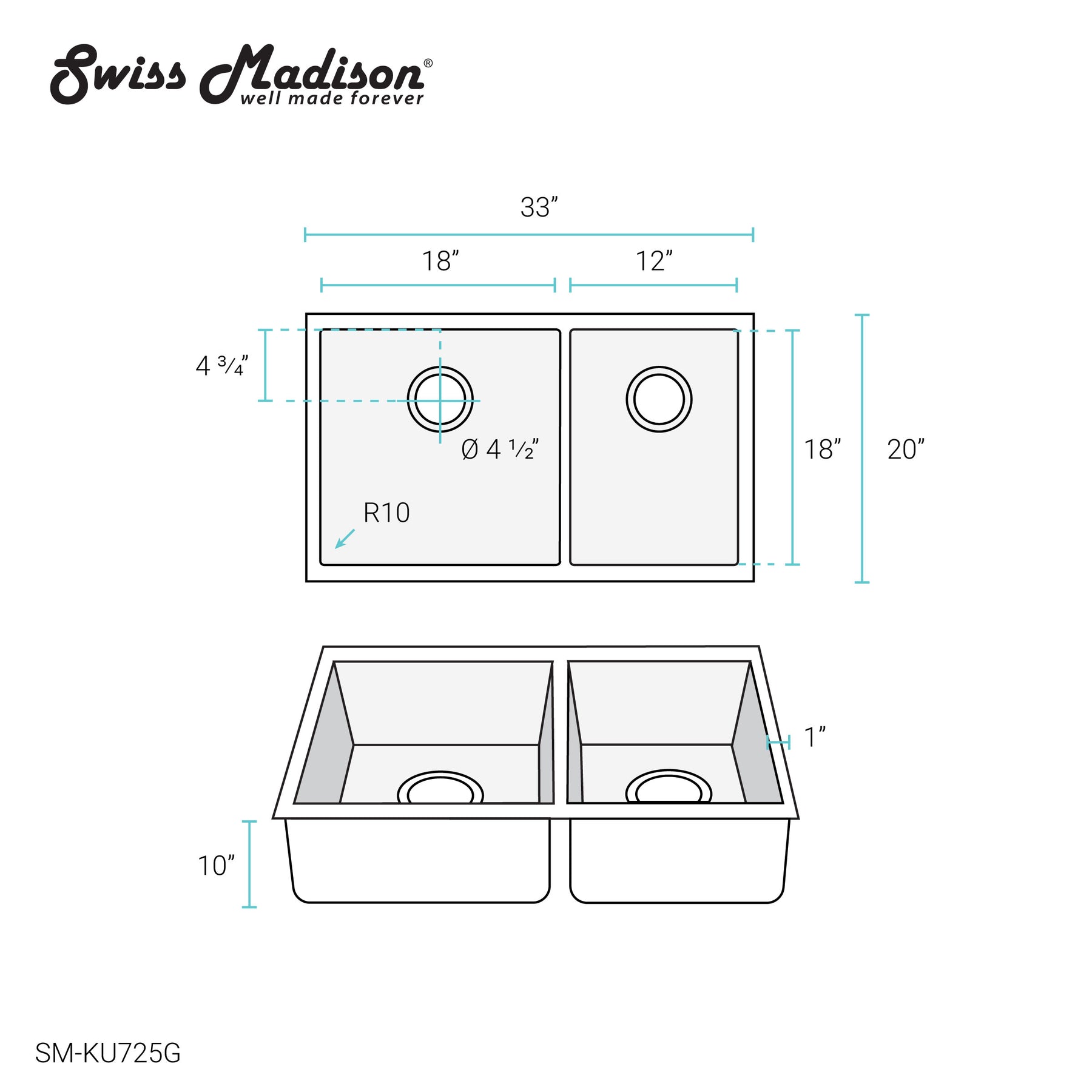 Swiss Madison Rivage 33" x 20" Dual Basin, Undermount Kitchen Sink - SM-KU725