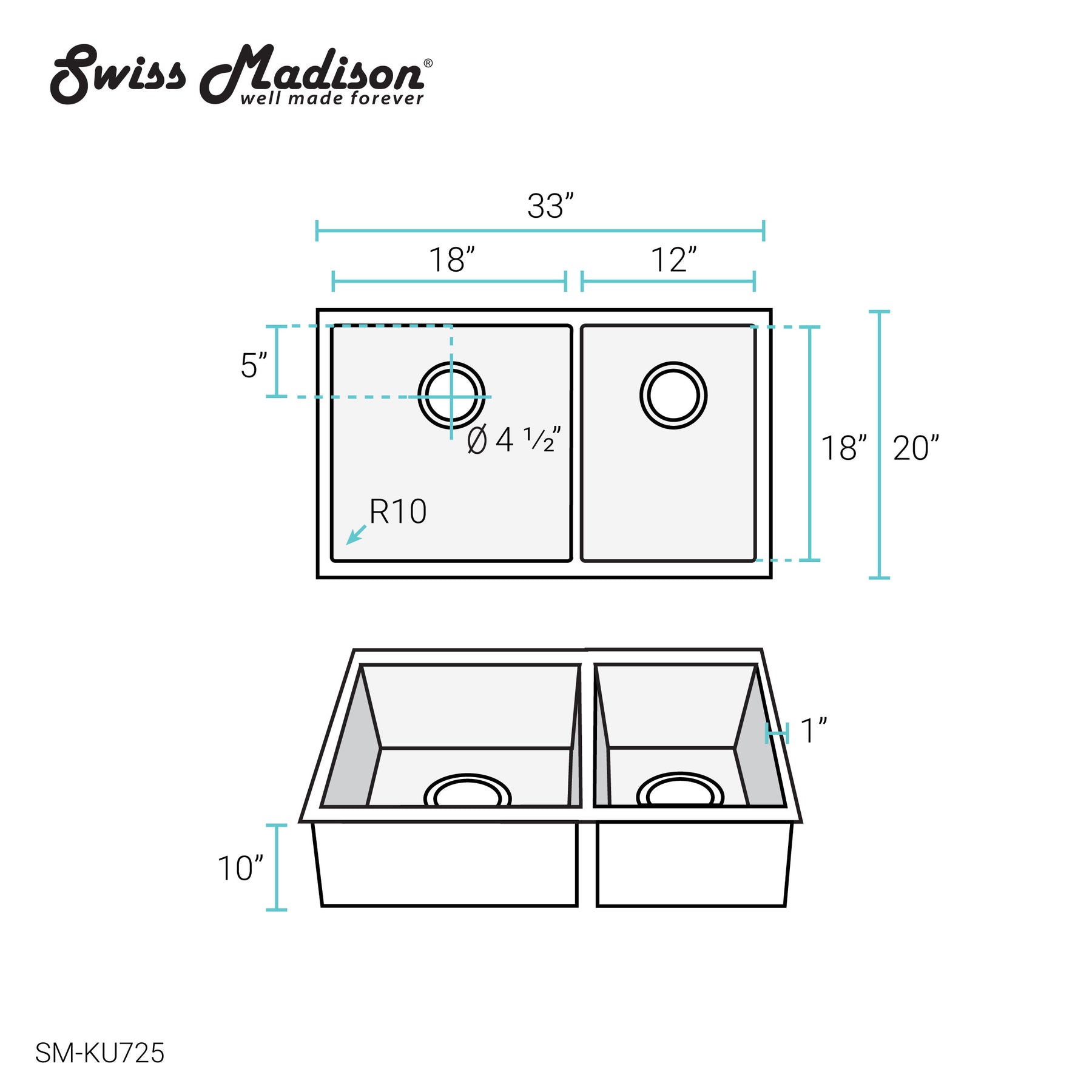 Swiss Madison Rivage 33" x 20" Dual Basin, Undermount Kitchen Sink - SM-KU725