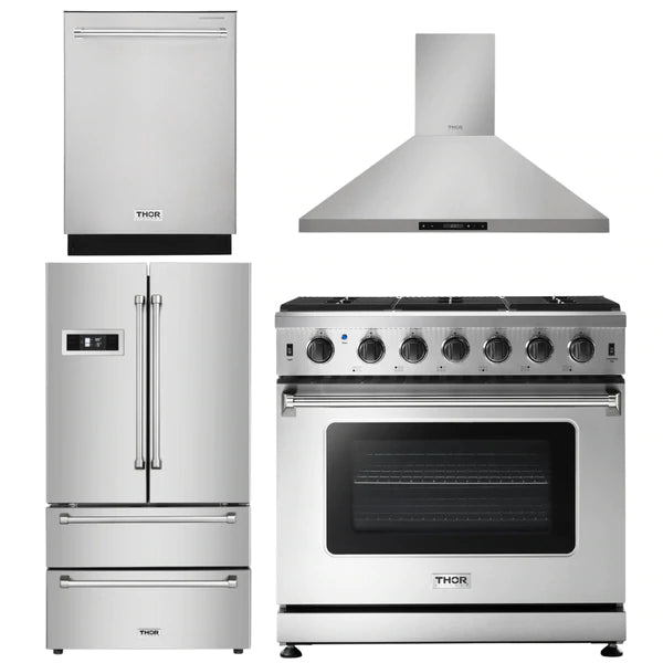 Thor Kitchen 4 Piece Package - 36 in. Liquid Propane Range, Range Hood, Refrigerator & Dishwasher Package