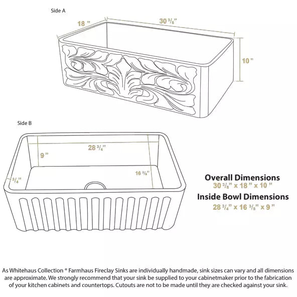 WHITEHAUS 30″ Reversible Series Fireclay Kitchen Sink with Gothichaus Design - WHFLGO3018