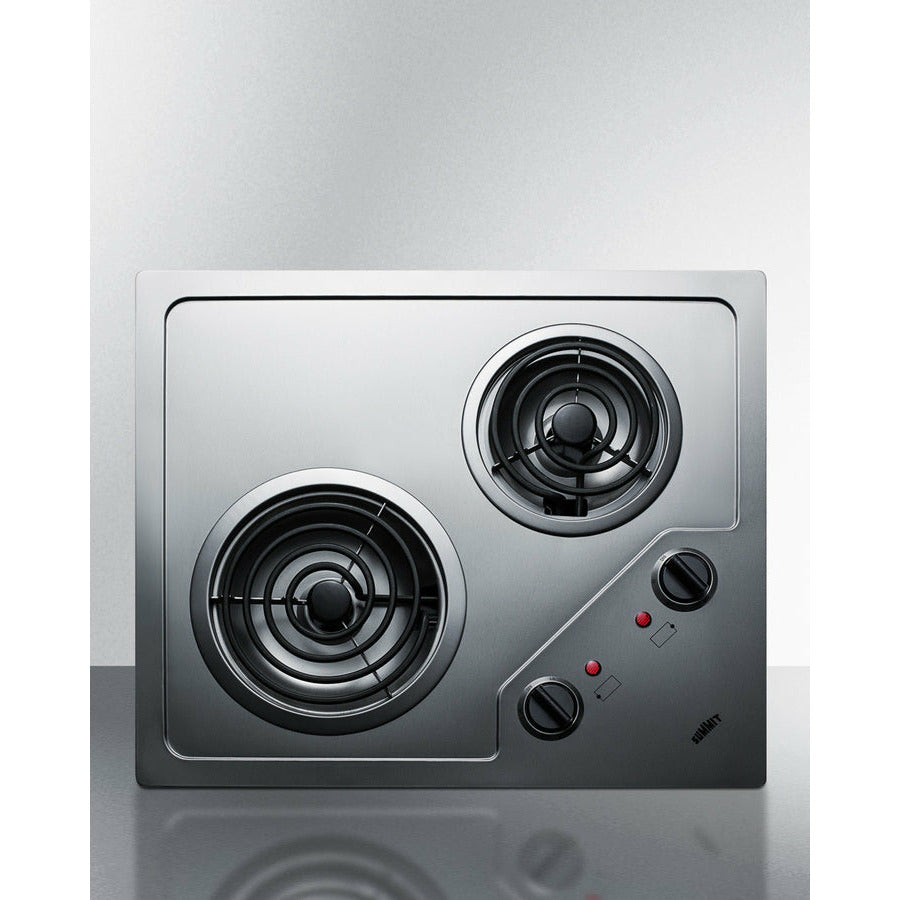 Summit 21" Wide 115V 2-Burner Coil Cooktop with 2 Elements, Hot Surface Indicator, ADA Compliant, ETL Safety Listed, Push-to-Turn Knobs in Stainless Steel - CR2B122