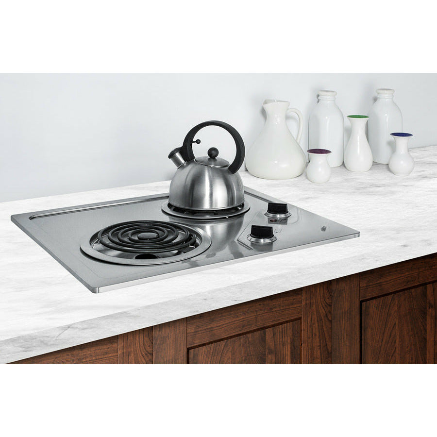 Summit 21" Wide 115V 2-Burner Coil Cooktop with 2 Elements, Hot Surface Indicator, ADA Compliant, ETL Safety Listed, Push-to-Turn Knobs in Stainless Steel - CR2B122