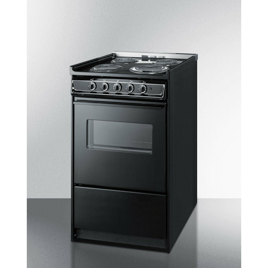 Summit 20" Wide Electric Coil Range with 4 Elements, 2.46 cu. ft. Total Oven Capacity, Storage Drawer, ADA Compliant, Storage Drawer - TEM110