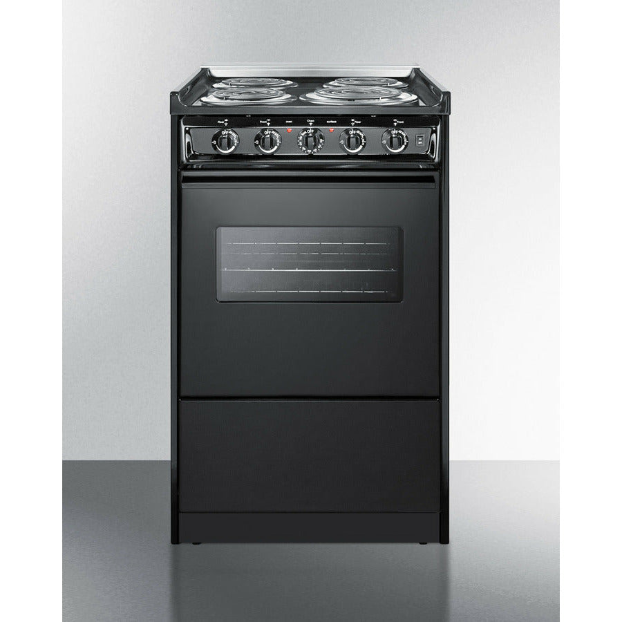 Summit 20" Wide Electric Coil Range with 4 Elements, 2.46 cu. ft. Total Oven Capacity, Storage Drawer, ADA Compliant, Storage Drawer - TEM110