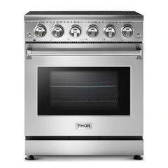 Thor Kitchen 5-Piece Appliance Package - 30" Electric Range, French Door Refrigerator, Wall Mount Hood, Dishwasher, and Microwave Drawer in Stainless Steel