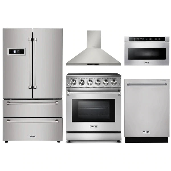 Thor Kitchen 5-Piece Appliance Package - 30" Electric Range, French Door Refrigerator, Wall Mount Hood, Dishwasher, and Microwave Drawer in Stainless Steel