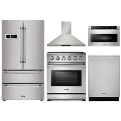 Thor Kitchen 5-Piece Appliance Package - 30" Electric Range, French Door Refrigerator, Wall Mount Hood, Dishwasher, and Microwave Drawer in Stainless Steel