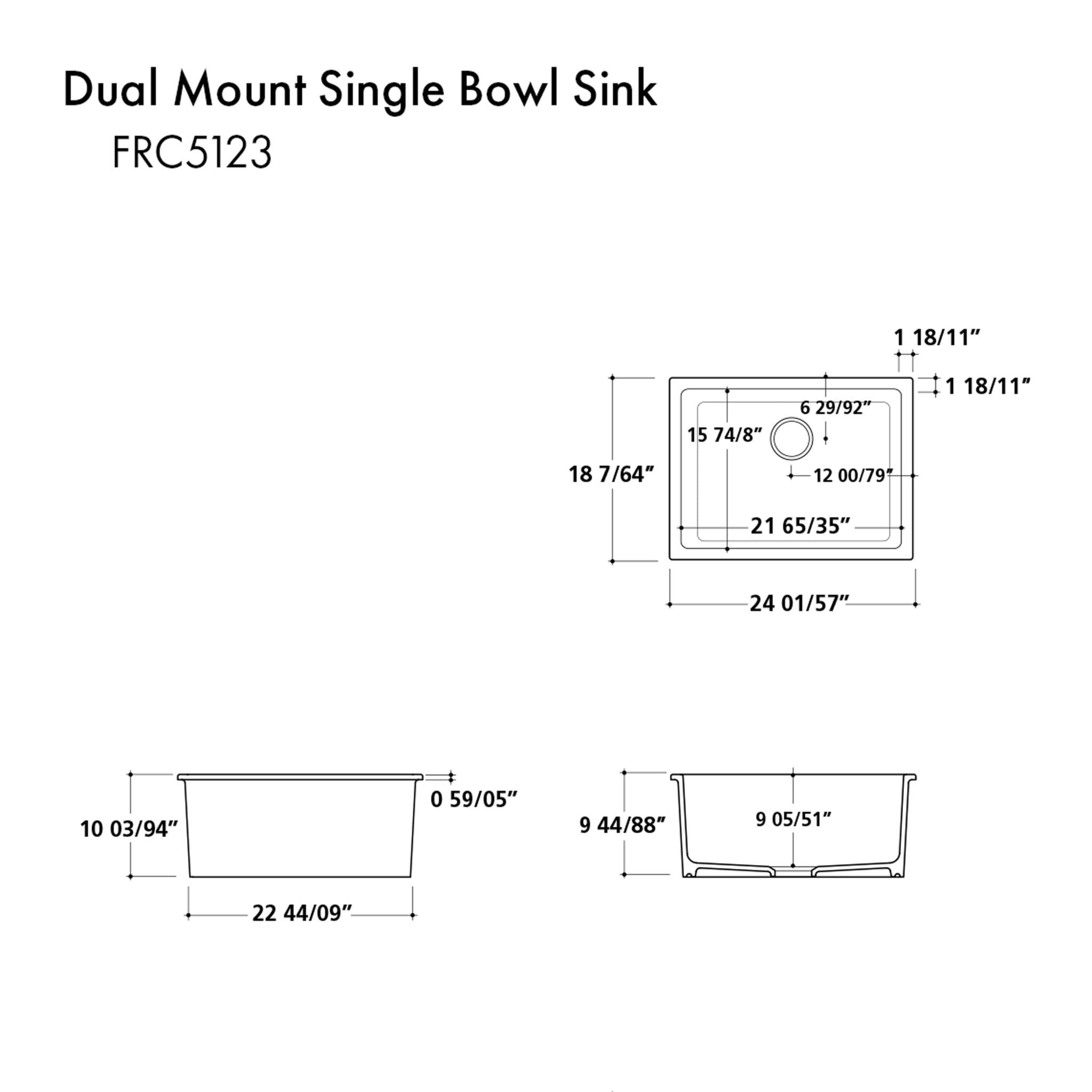 ZLINE 24 in. Rome Dual Mount Single Bowl Fireclay Kitchen Sink with Bottom Grid - FRC5123-CL-24