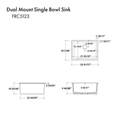ZLINE 24 in. Rome Dual Mount Single Bowl Fireclay Kitchen Sink with Bottom Grid - FRC5123-CL-24
