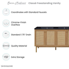 Swiss Madison Classe 60" Freestanding Bathroom Vanity in Golden Oak with Black Double Basin Sink Top - SM-BV666DMB