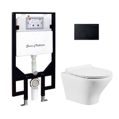 Swiss Madison Monaco Wall-Hung Toilet Bundle 0.8/1.6 GPF Dual Flush in Glossy White with Black Flush Plate - SM-WT1003GW