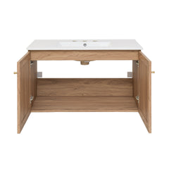 Swiss Madison Classe 36 in. Brown Oak Wall Hung Bathroom Vanity With White, 3-Hole Ceramic Sink Top - SM-BV667-3