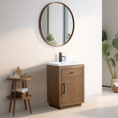 Vanity Art 24” Single-Door Bathroom Vanity Cabinet with Undermount Sink, Solid Wood Freestanding Storage Unit with Flip-Down Tray, Ceramic Countertop, and Removable Shelf - CVG24-T