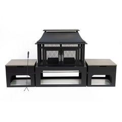 Deko Living 70" Rectangular Outdoor Steel Woodburning Fireplace with Log Storage Compartment & Side Tables - COB10513