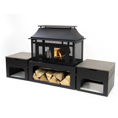 Deko Living 70" Rectangular Outdoor Steel Woodburning Fireplace with Log Storage Compartment & Side Tables - COB10513