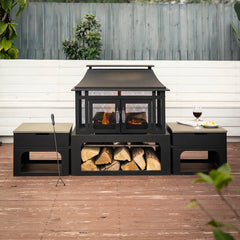 Deko Living 70" Rectangular Outdoor Steel Woodburning Fireplace with Log Storage Compartment & Side Tables - COB10513