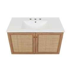 Swiss Madison Classe 36 in. Brown Oak Wall Hung Bathroom Vanity With White, 3-Hole Ceramic Sink Top - SM-BV667-3