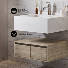 Swiss Madison ﻿Avancer 24" Wall-Mounted Bathroom Vanity in Calacatta and White Oak - SM-BV700 - The Home Selection