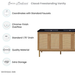Swiss Madison Classe 60" Freestanding Bathroom Vanity in Golden Oak with Black 3-Hole Widespread Double Basin Sink Top - SM-BV666D-3MB