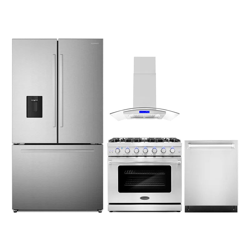 Cosmo 4PC Package 36″ Gas Range 36″ Island Mount Range Hood 24″ Dishwasher & 36″ French Door Refrigerator - COS-4PKG-702