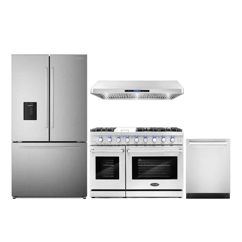 Cosmo 4PC Package 48″ Gas Range 48″ Under Cabinet Range Hood 24″ Dishwasher & 36″ French Door Refrigerator - COS-4PKG-705